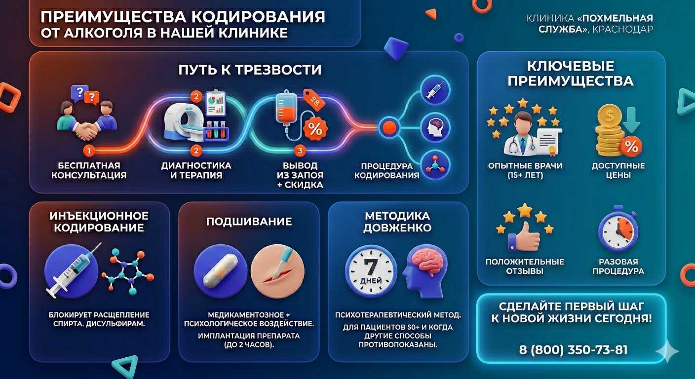 Инфографика о методах кодирования от алкоголя в Красном Луче: инъекции, подшивание, метод Довженко. Преимущества клиники и этапы лечения.